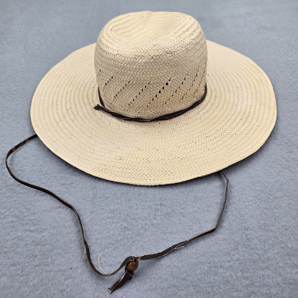 Unisex Sun Hat OS Beige Straw Braided Wide Brim Beach Leather Chin Cord Cap